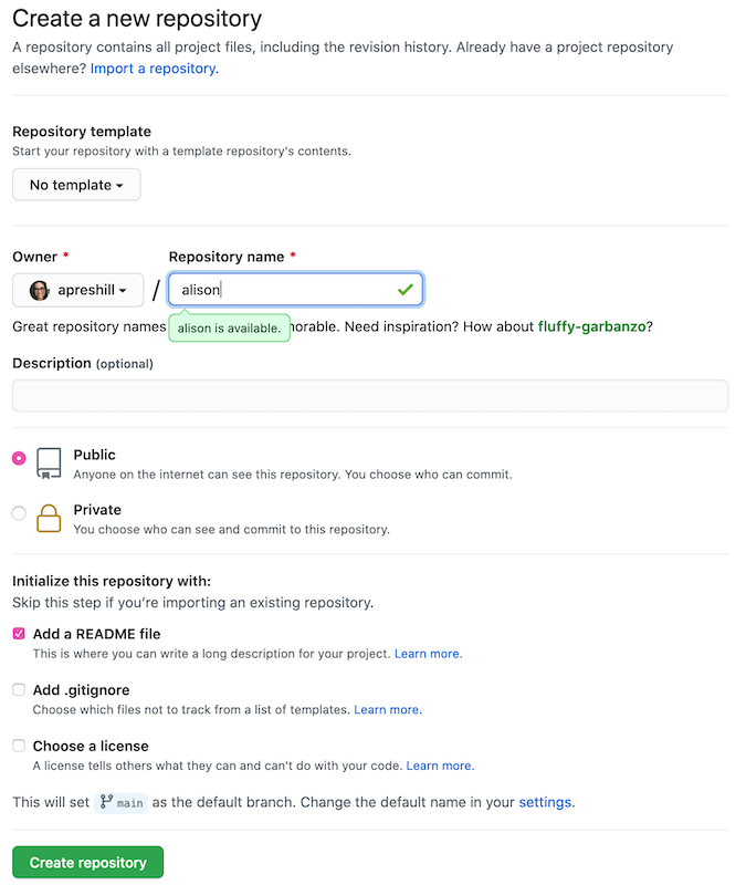 Screenshot: Creating a new repository in GitHub