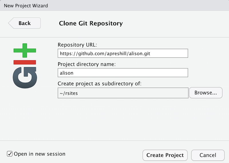 Screenshot: Clone a Git repository in RStudio